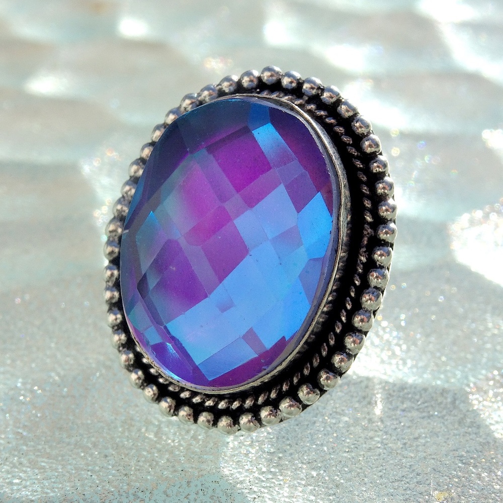 Big Faceted Blue Purple Oval Glass Jewel Silver Plated Statement Ring Size 5.5